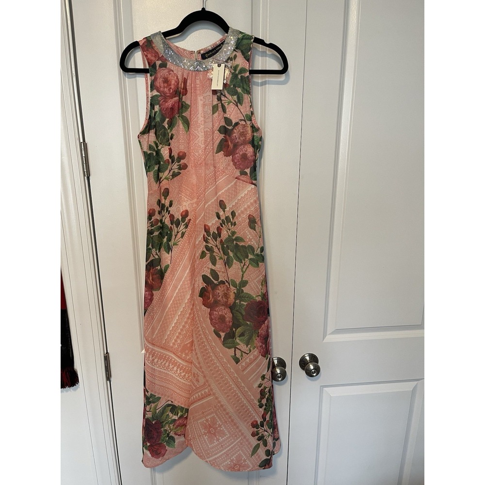 NWT Anthropologie Pankaj & Nidhi Pink Floral Embellished Scarf Midi Dress 4‎